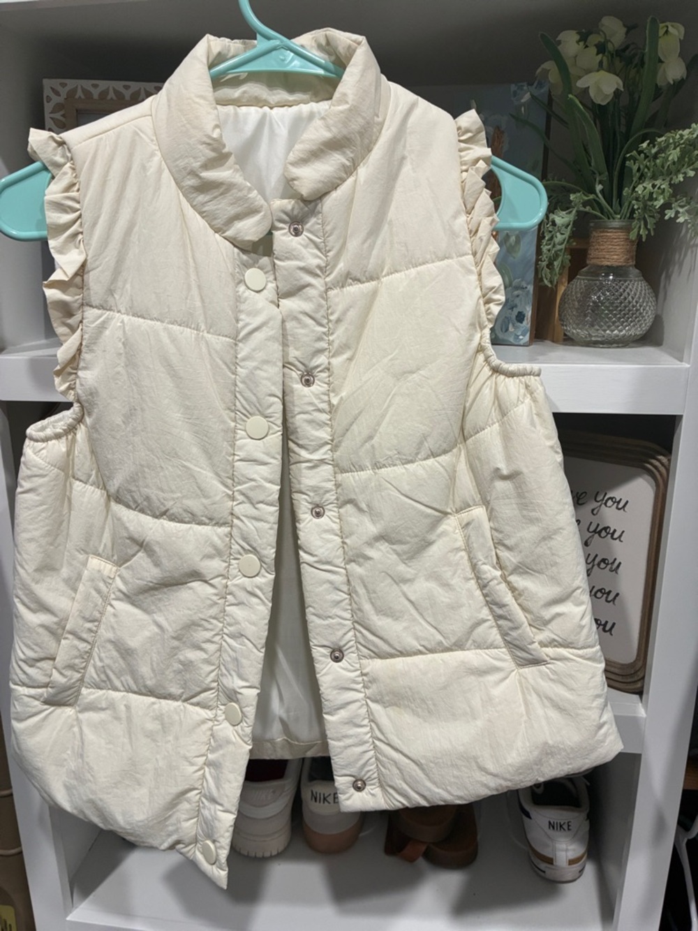Women's Cream Quilted Puffer Vest with Ruffle Trim